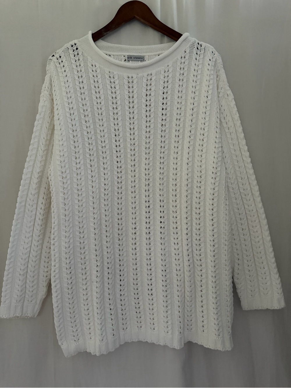 Erik Stewart 100% Cotton Roll Neck Chunky Knit Sweater White -Made in USA - L/XL